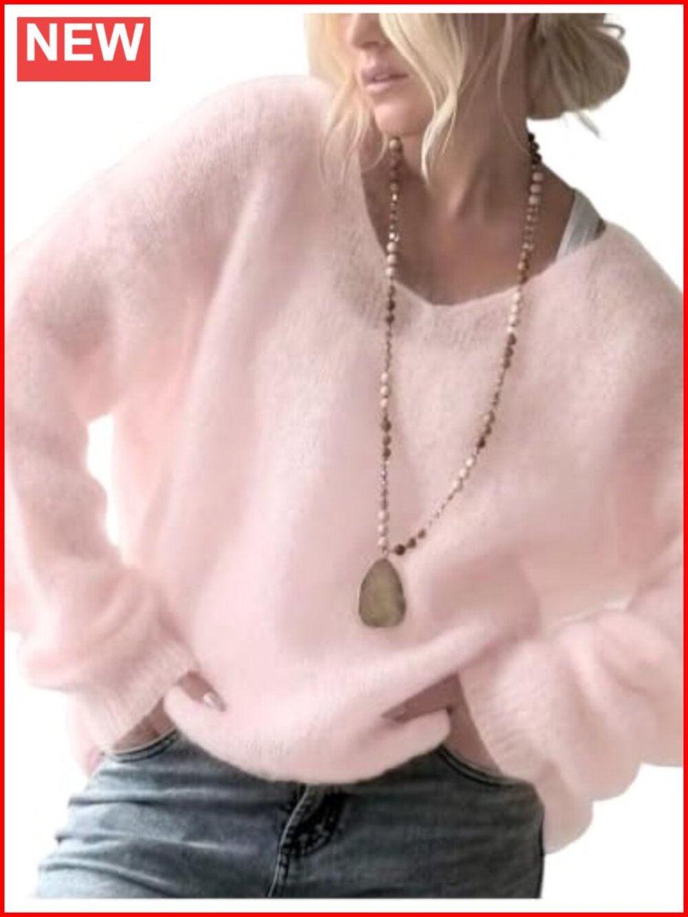 Women's V-Neck Loose Knit Pullover Sweater Long Sleeve